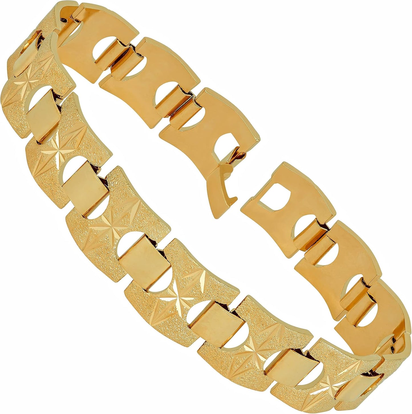 15Mm Diamond Cut Star and Arrows Link Bracelet for Men and Women 24K Gold Plated