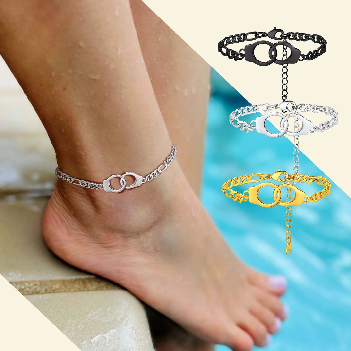 Handcuff Ankle Bracelets for Women 14K Gold Plated Anklets Stainless Steel 8.5" Adjustable Ankle Chain Summer Foot Link Infinity Anklets for Birthday Christmas