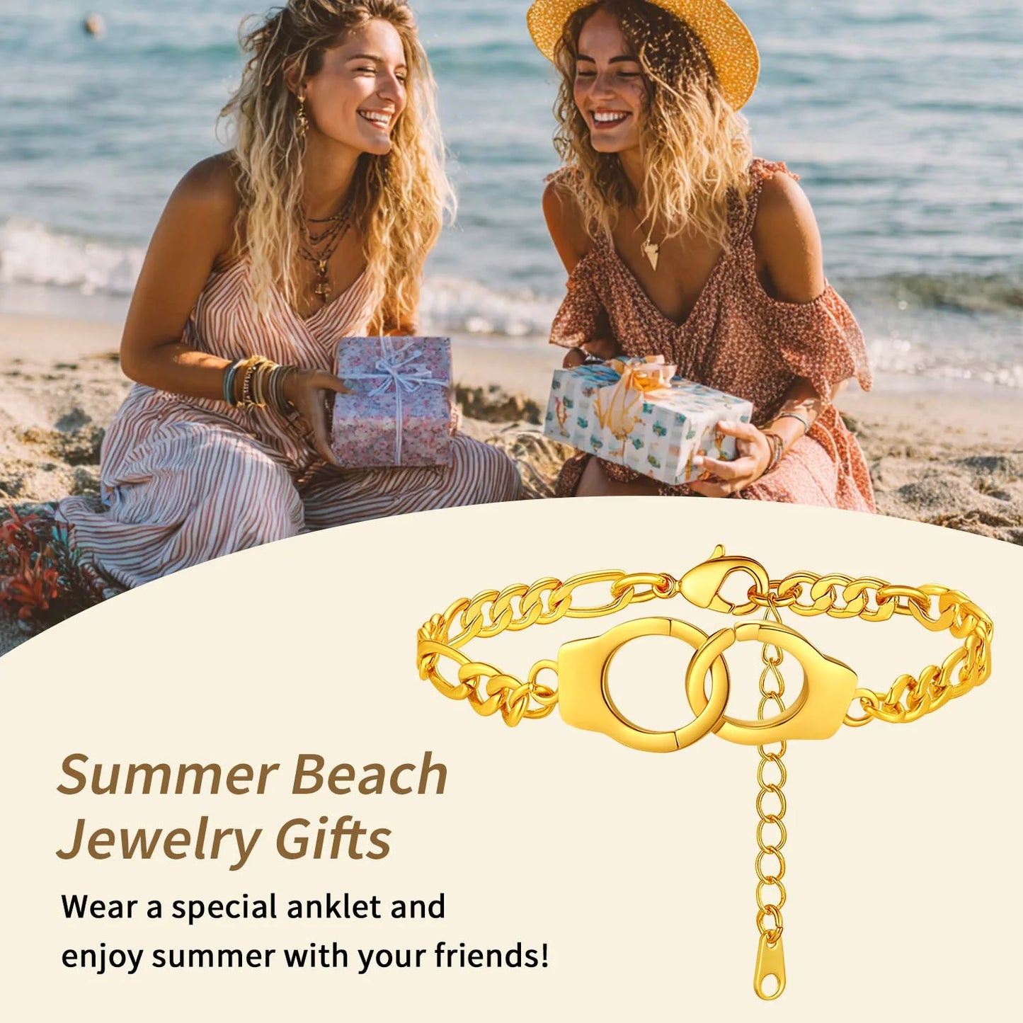Handcuff Ankle Bracelets for Women 14K Gold Plated Anklets Stainless Steel 8.5" Adjustable Ankle Chain Summer Foot Link Infinity Anklets for Birthday Christmas