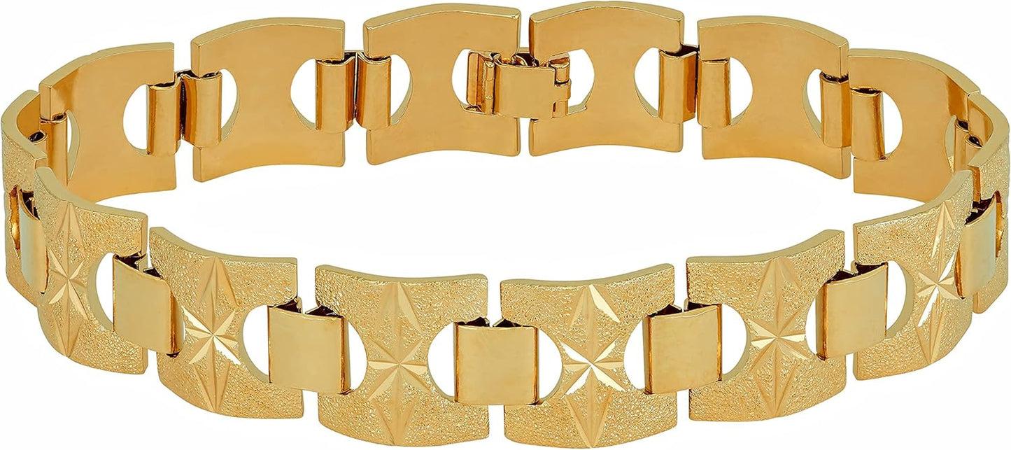 15Mm Diamond Cut Star and Arrows Link Bracelet for Men and Women 24K Gold Plated