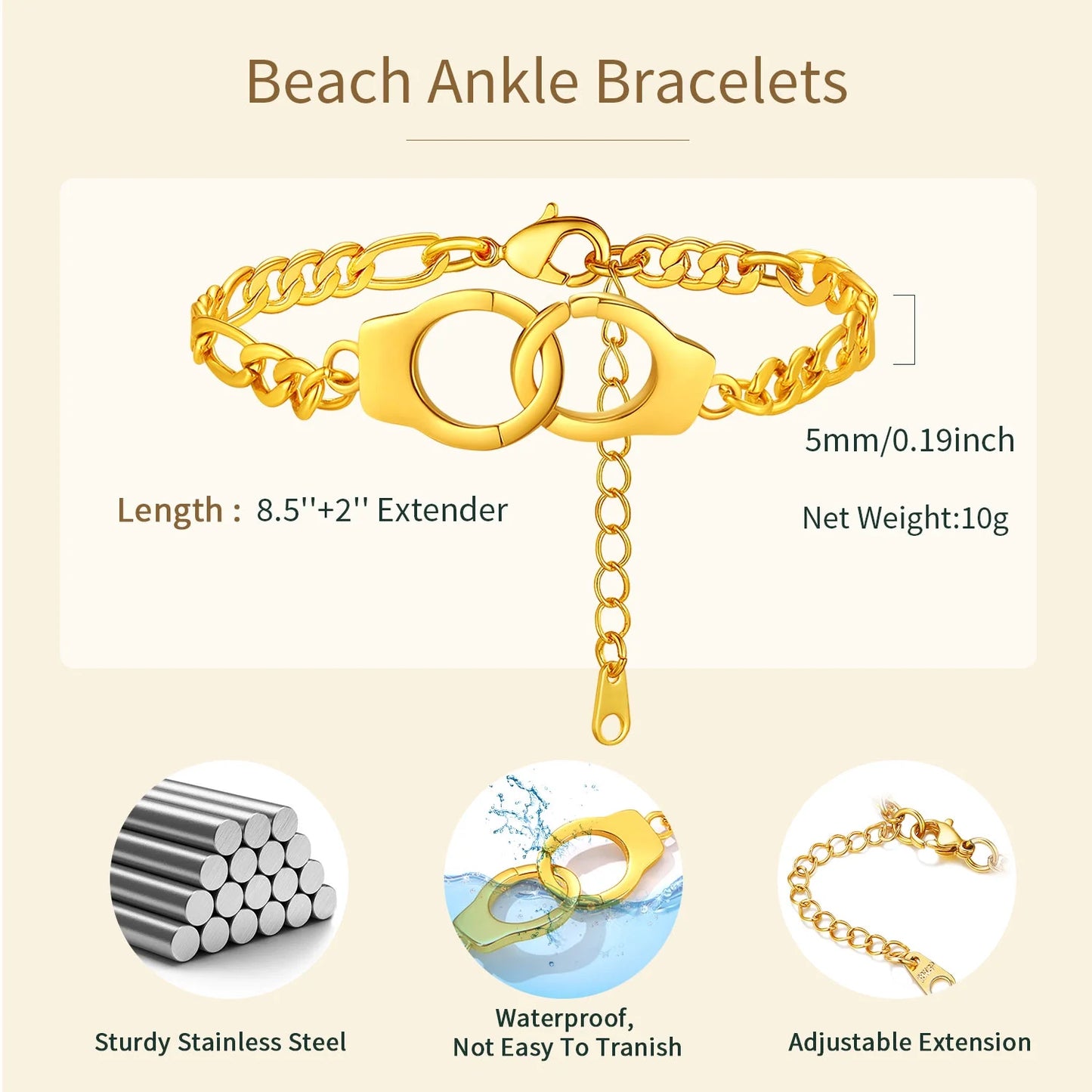 Handcuff Ankle Bracelets for Women 14K Gold Plated Anklets Stainless Steel 8.5" Adjustable Ankle Chain Summer Foot Link Infinity Anklets for Birthday Christmas