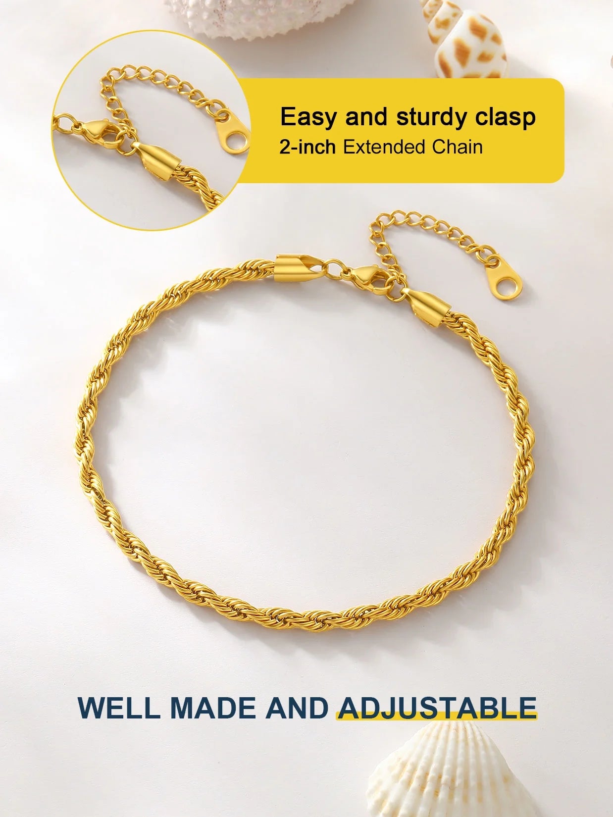 18K Gold Plated Anklets for Women Summer Jewelry Rope Ankle Chain Bracelets