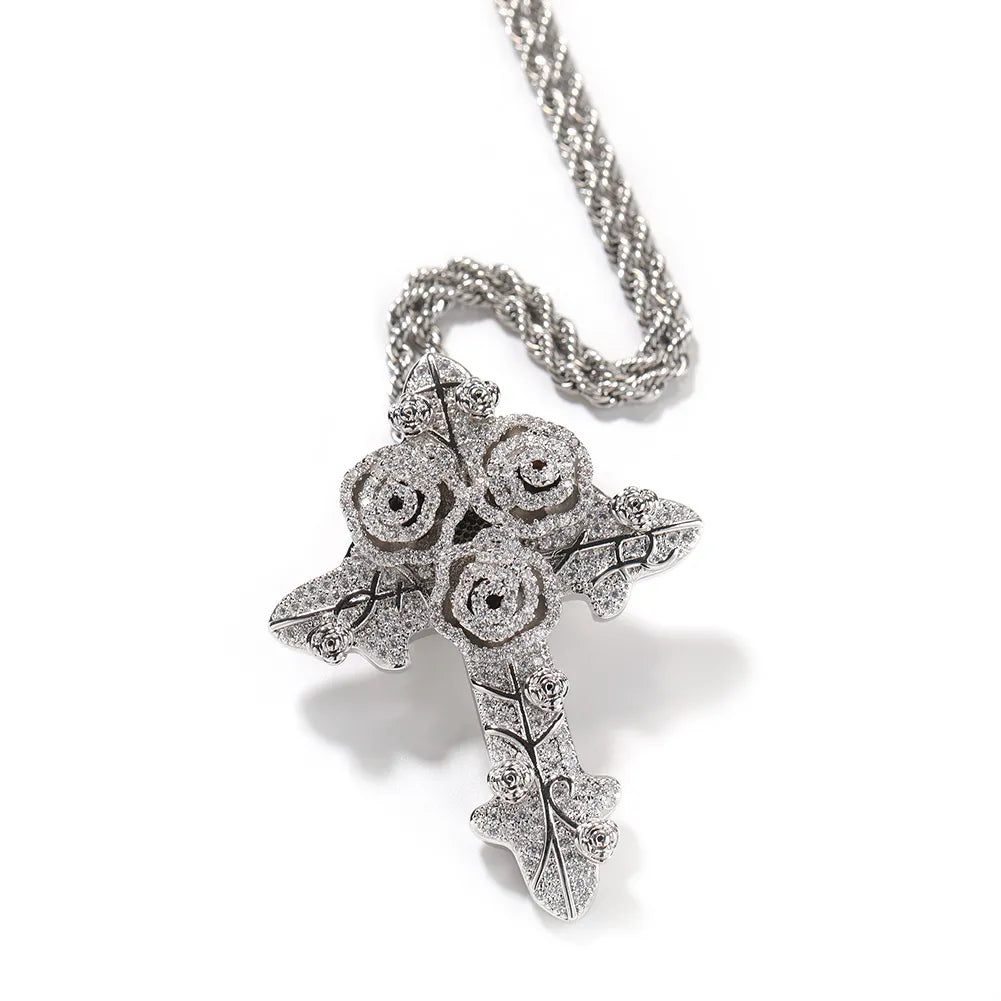 Bling Diamond Stone Rose Flower Cross Pendants Necklace Jewelry Real 14K Gold Plated Lover Gift Couple Religious Jewelry Valentine'S Day