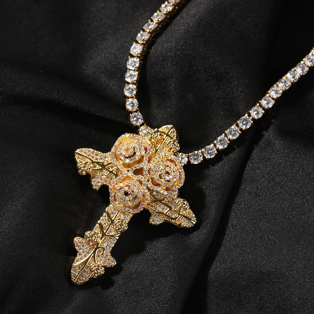 Bling Diamond Stone Rose Flower Cross Pendants Necklace Jewelry Real 14K Gold Plated Lover Gift Couple Religious Jewelry Valentine'S Day