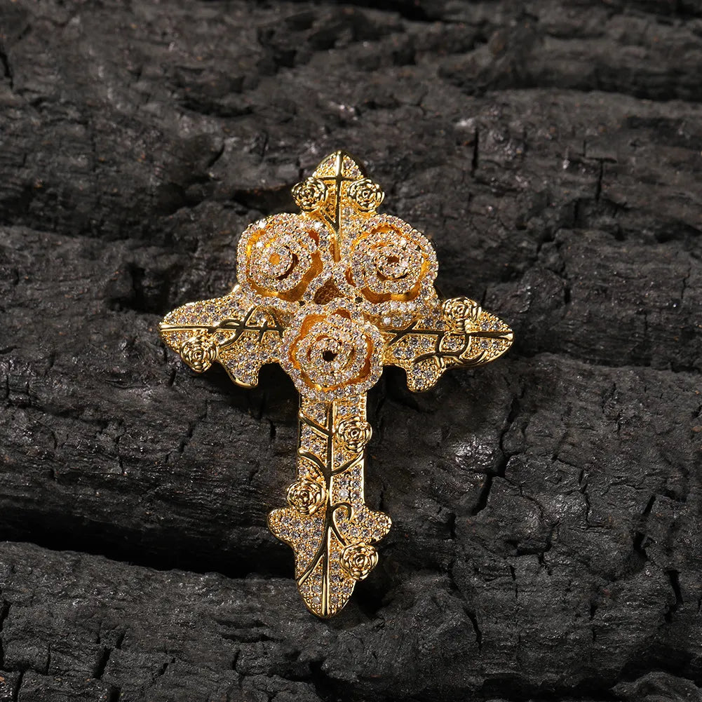 Bling Diamond Stone Rose Flower Cross Pendants Necklace Jewelry Real 14K Gold Plated Lover Gift Couple Religious Jewelry Valentine'S Day
