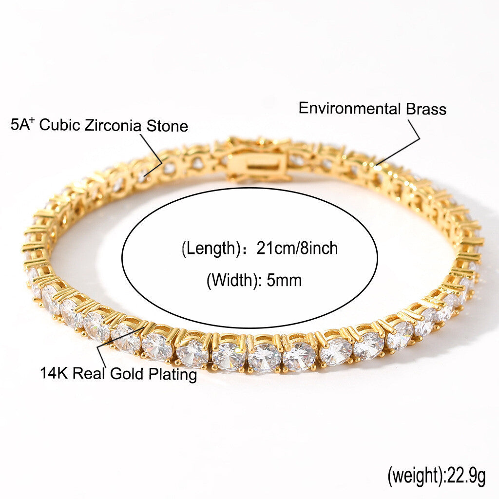 6"-24" Hip Hop Necklace Bracelets 5A CZ Diamonds Real Gold Plated Tennis Chain