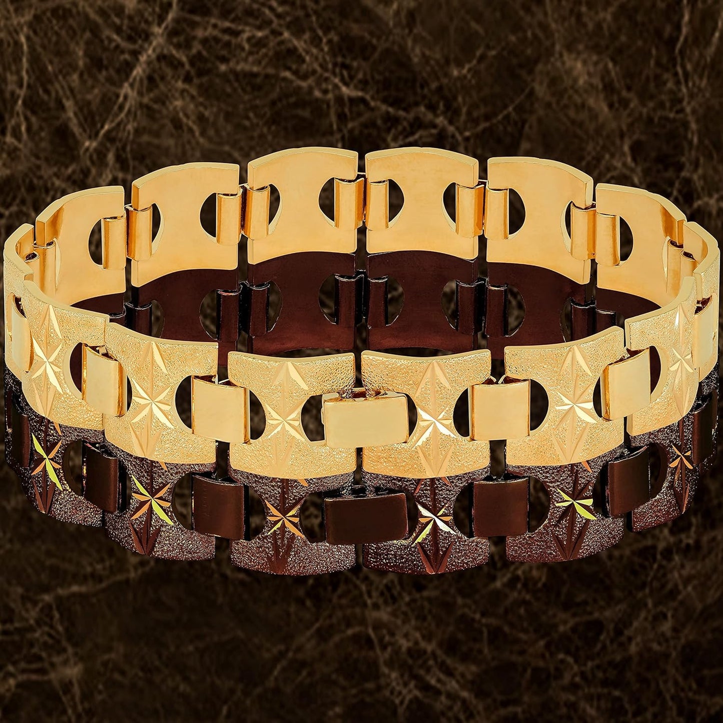 15Mm Diamond Cut Star and Arrows Link Bracelet for Men and Women 24K Gold Plated
