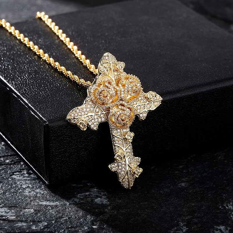 Bling Diamond Stone Rose Flower Cross Pendants Necklace Jewelry Real 14K Gold Plated Lover Gift Couple Religious Jewelry Valentine'S Day