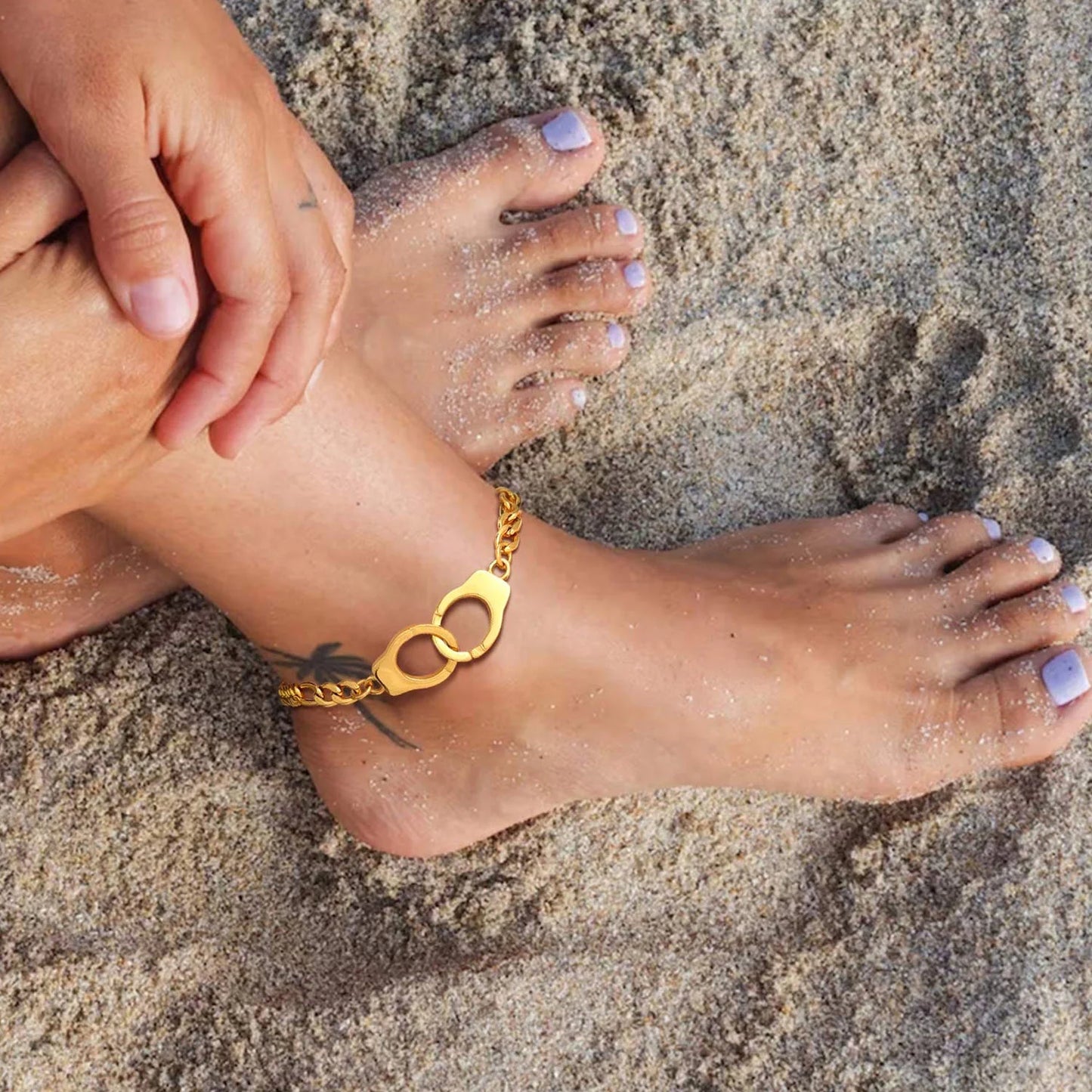 Handcuff Ankle Bracelets for Women 14K Gold Plated Anklets Stainless Steel 8.5" Adjustable Ankle Chain Summer Foot Link Infinity Anklets for Birthday Christmas