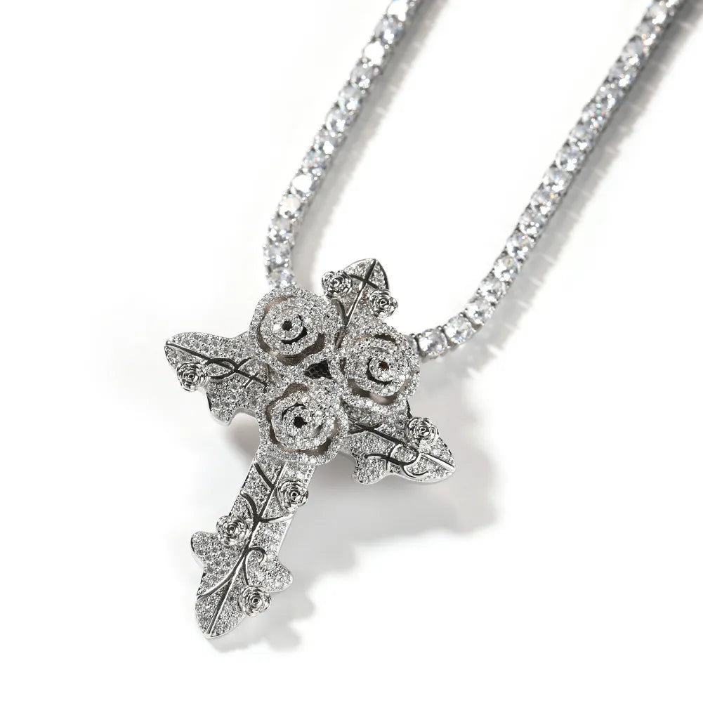 Bling Diamond Stone Rose Flower Cross Pendants Necklace Jewelry Real 14K Gold Plated Lover Gift Couple Religious Jewelry Valentine'S Day