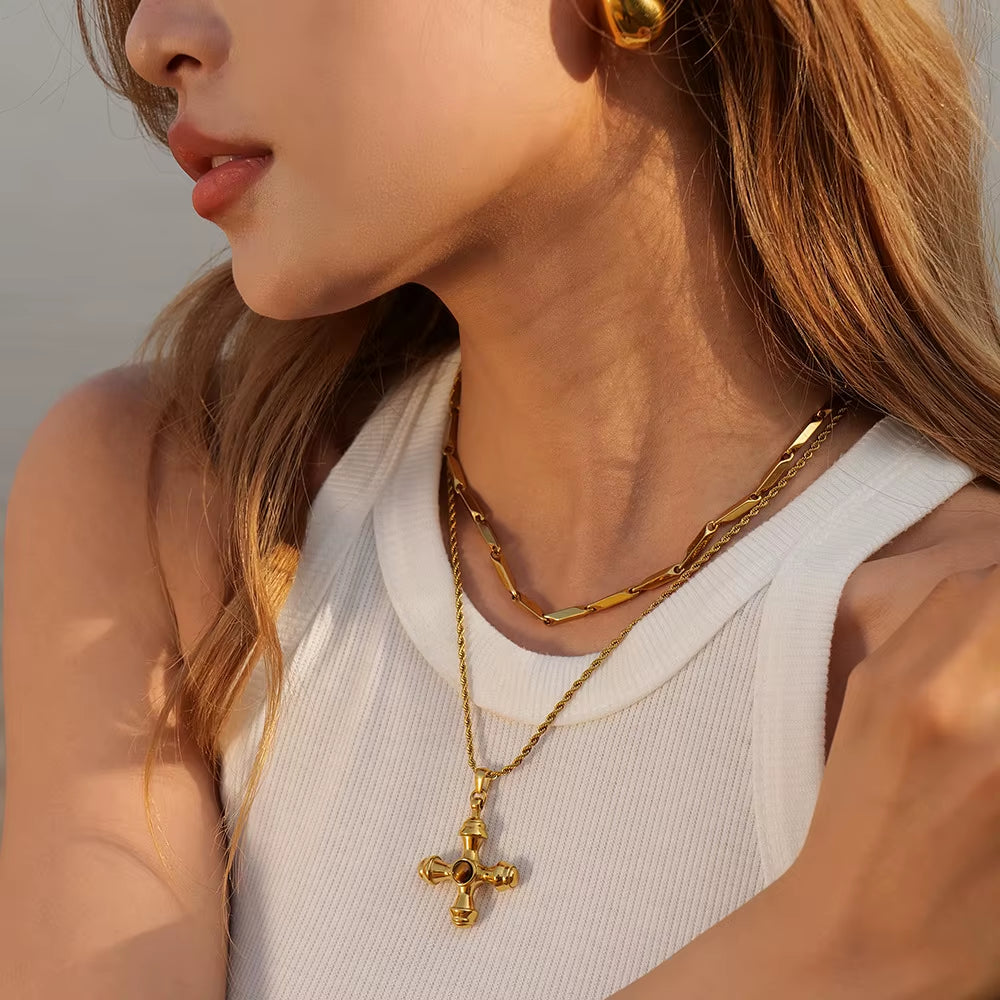 18K Gold Stainless Steel Cross Necklace Titanium Steel Non-Fading Jewelry Trendy Link Chain Women