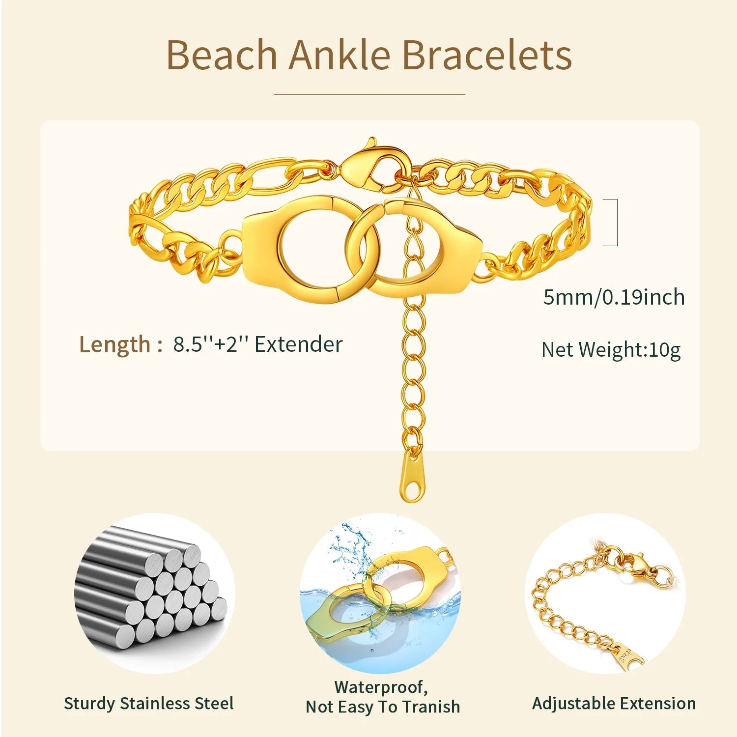 Handcuff Ankle Bracelets for Women 14K Gold Plated Anklets Stainless Steel 8.5" Adjustable Ankle Chain Summer Foot Link Infinity Anklets for Birthday Christmas