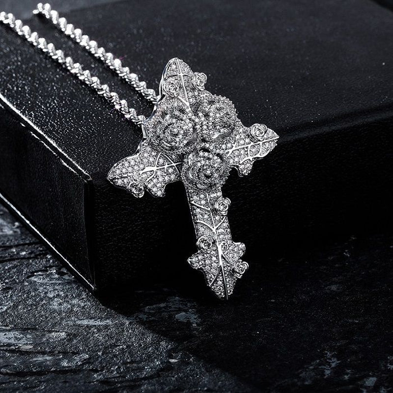 Bling Diamond Stone Rose Flower Cross Pendants Necklace Jewelry Real 14K Gold Plated Lover Gift Couple Religious Jewelry Valentine'S Day