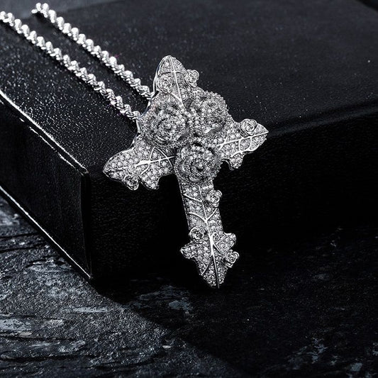 Bling Diamond Stone Rose Flower Cross Pendants Necklace Jewelry Real 14K Gold Plated Lover Gift Couple Religious Jewelry Valentine'S Day