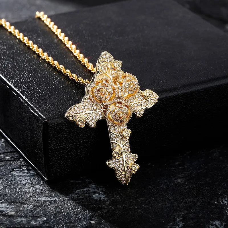 Bling Diamond Stone Rose Flower Cross Pendants Necklace Jewelry Real 14K Gold Plated Lover Gift Couple Religious Jewelry Valentine'S Day