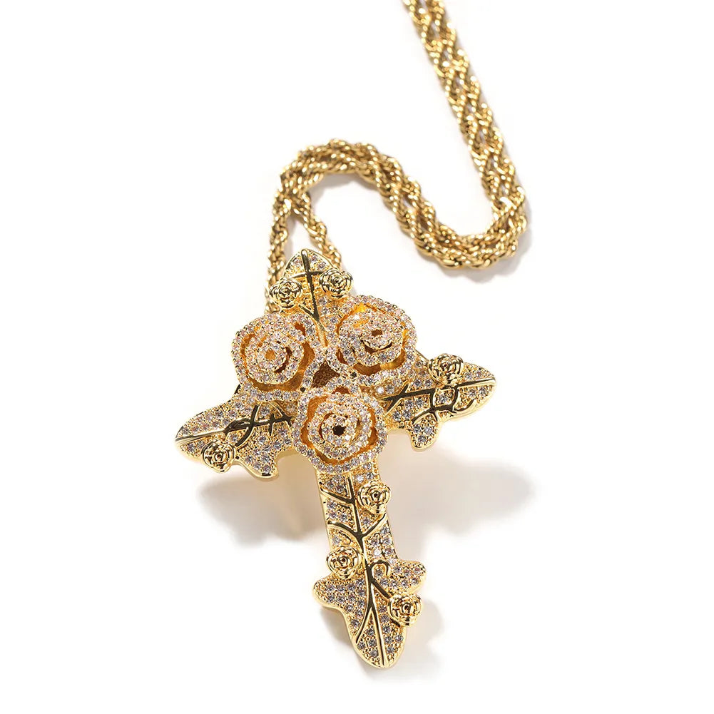 Bling Diamond Stone Rose Flower Cross Pendants Necklace Jewelry Real 14K Gold Plated Lover Gift Couple Religious Jewelry Valentine'S Day