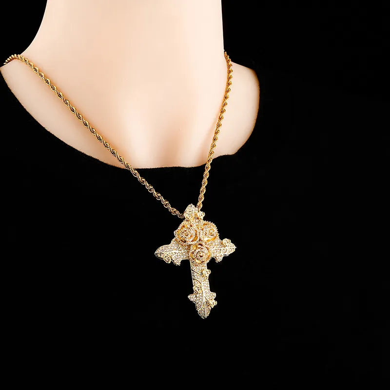 Bling Diamond Stone Rose Flower Cross Pendants Necklace Jewelry Real 14K Gold Plated Lover Gift Couple Religious Jewelry Valentine'S Day
