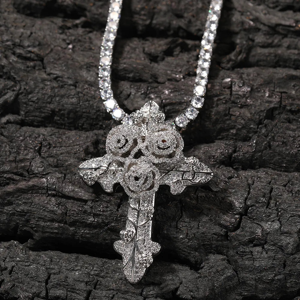 Bling Diamond Stone Rose Flower Cross Pendants Necklace Jewelry Real 14K Gold Plated Lover Gift Couple Religious Jewelry Valentine'S Day