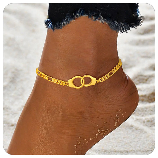 Handcuff Ankle Bracelets for Women 14K Gold Plated Anklets Stainless Steel 8.5" Adjustable Ankle Chain Summer Foot Link Infinity Anklets for Birthday Christmas